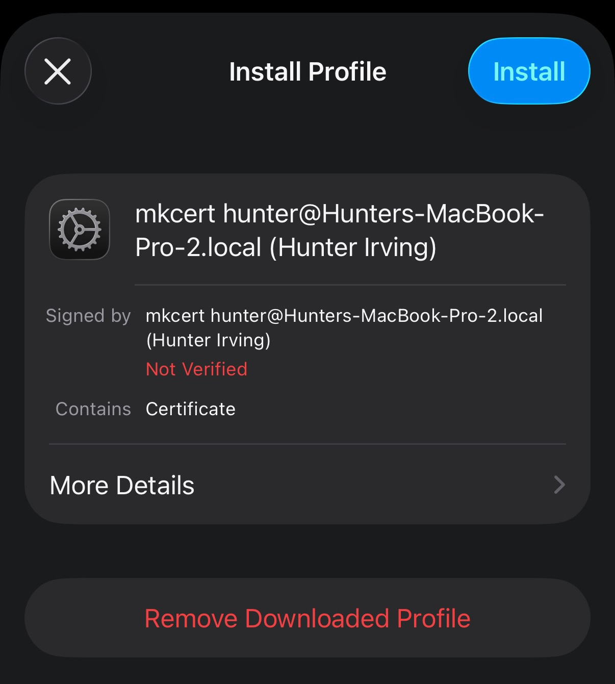 iOS profile install screen for the mkcert CA