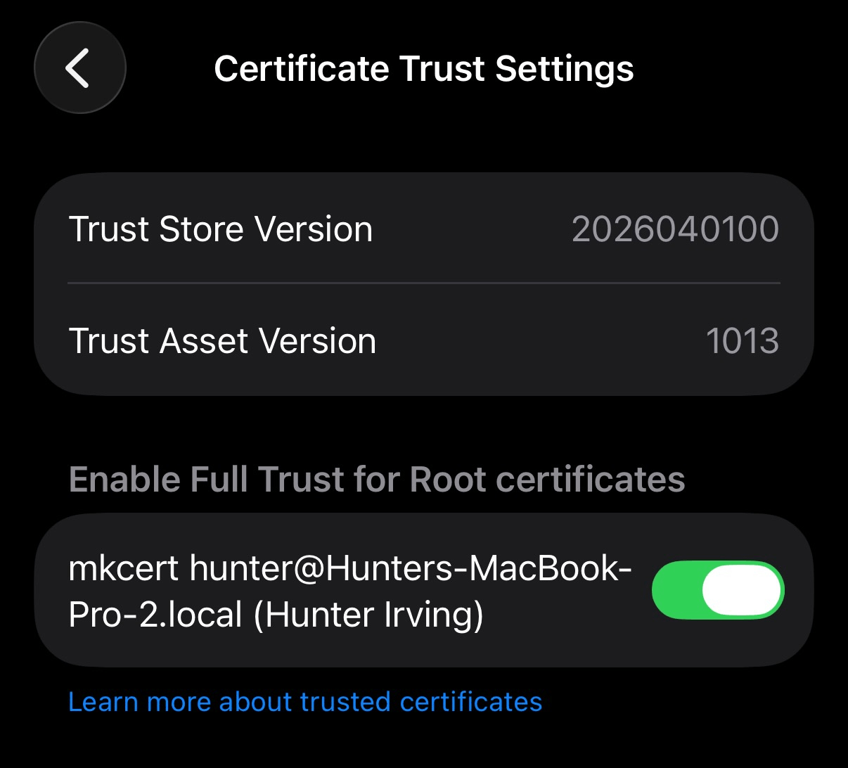 iOS Certificate Trust Settings with the mkcert CA toggled on